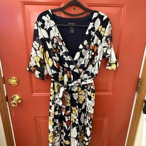 Enfocus Studio Navy Floral Wrap Midi Dress with Yellow and White Blooms